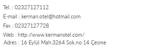 Kerman Otel telefon numaralar, faks, e-mail, posta adresi ve iletiim bilgileri